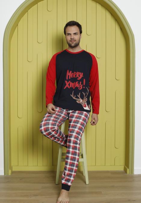 Pijama barbati Craciun "Meryy Xmas" maneca lunga ,pantaloni lungi,Culoare Rosu, Engros